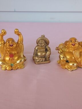 Miniature Laughing Buddha Statue  Goldtone Resin 2 inch